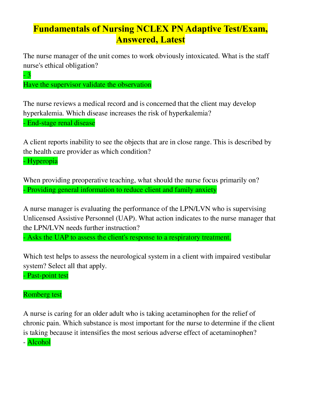 Preview image for Fundamentals of Nursing NCLEX PN Adaptive Test/Exam, Answered, Latest
